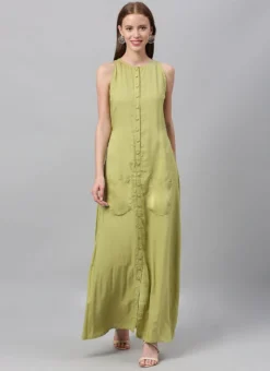 Green Modal Knee Length Dress After Six Wear -Mahra Clothing Shop Green TENCEL Modal Knee Length Dress IWBS02001280 u