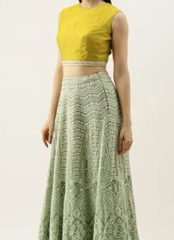 Teen Girls Green Viscose N Yellow Blended Cotton Kali Lehenga Festive Wear