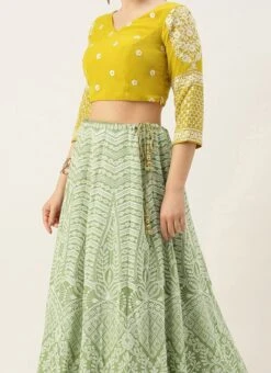 Teen Girls Green Viscose N Yellow Georgette Kali Lehenga