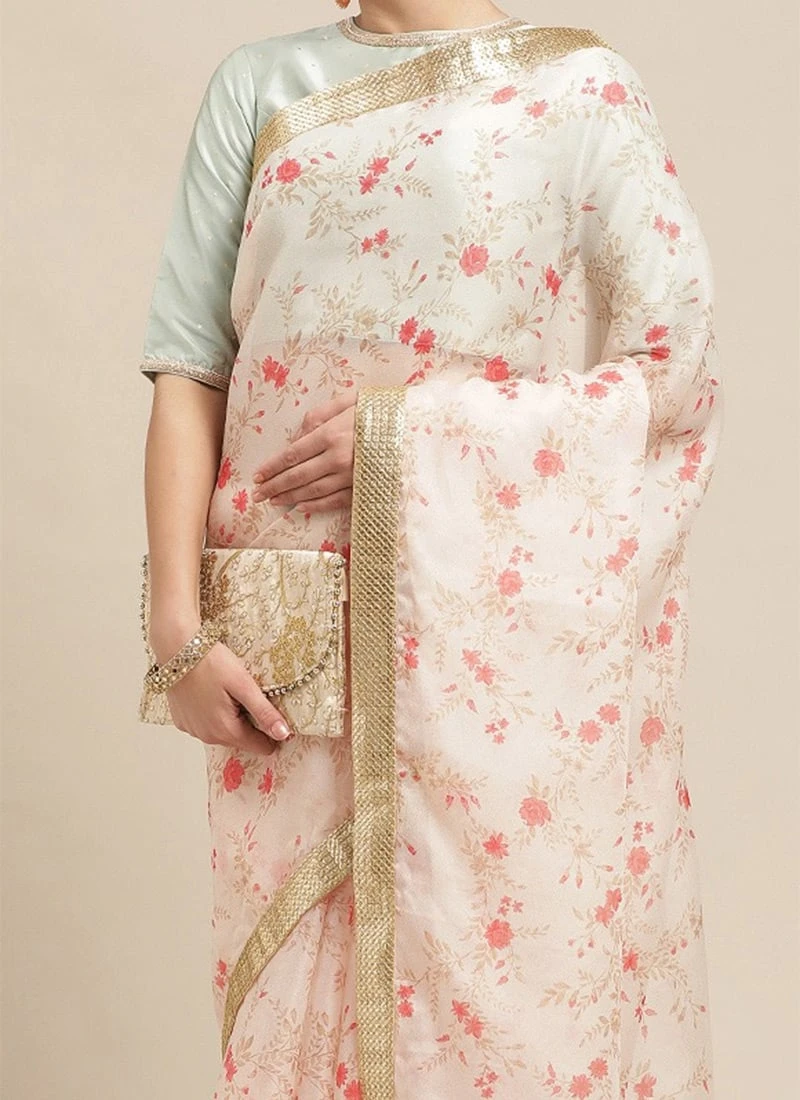 Teen Girls Green And Off White Floral Organza Saree Festive Wear 1 Teen Girls Green And Off White Floral Organza Saree Festive Wear