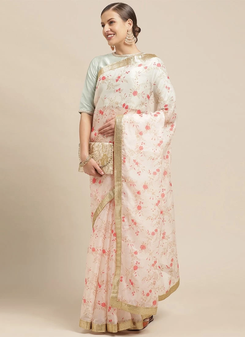 Teen Girls Green And Off White Floral Organza Saree Festive Wear 3 Teen Girls Green And Off White Floral Organza Saree Festive Wear - Image 3