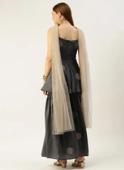 Dupatta From Grey Art Silk Foil Print Gharara Set After Six Wear -Mahra Clothing Shop Grey Art Silk Foil Print Gharara Set SLBS02301113 b