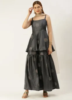 Dupatta From Grey Art Silk Foil Print Gharara Set After Six Wear -Mahra Clothing Shop Grey Art Silk Foil Print Gharara Set SLBS02301113 u