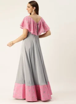 Teen Girls Grey Art Silk N Pink Chinon Zero Shoulder Style Gown Party Wear -Mahra Clothing Shop Grey Art Silk N Pink Chinon Zero Shoulder Style Gown IWBS02304029 b