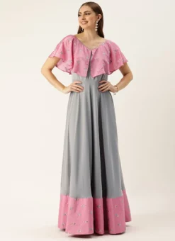 Teen Girls Grey Art Silk N Pink Chinon Zero Shoulder Style Gown Party Wear -Mahra Clothing Shop Grey Art Silk N Pink Chinon Zero Shoulder Style Gown IWBS02304029 u
