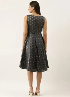 Grey Brocade Boat Neck Flared Dress Festive Wear -Mahra Clothing Shop Grey Brocade Boat Neck Flared Dress DRBS02201295 b