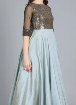 Grey Classic Full Flared Boat Neck Style Gown Festive Wear
