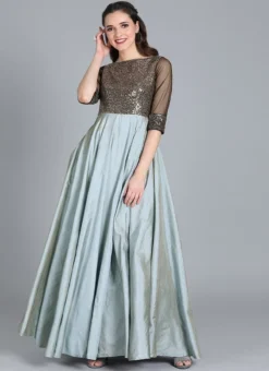 Grey Classic Full Flared Boat Neck Style Gown Festive Wear -Mahra Clothing Shop Grey Classic Full Flared Boat Neck Style Gown IWBS01909184RTW u