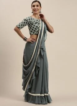 Teen Girls Grey Embroidered Blouse N Grey Georgette Saree Festive Wear -Mahra Clothing Shop Grey Embroidered Blouse N Grey Georgette Saree SABS02107588 u