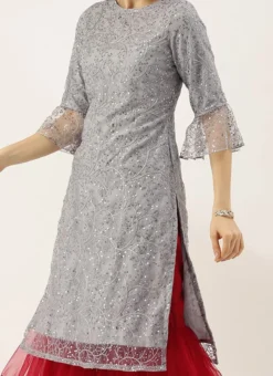 Grey Embroidered Boat Neck Kurti Party Wear