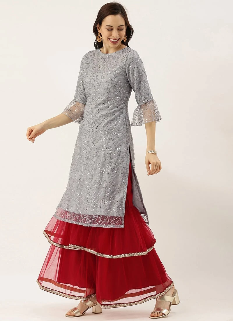 Grey Embroidered Boat Neck Kurti Party Wear 3 Grey Embroidered Boat Neck Kurti Party Wear - Image 3