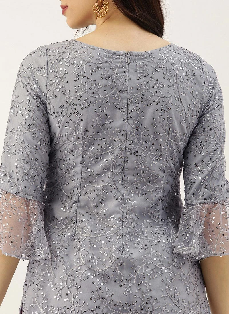 Grey Embroidered Boat Neck Kurti Party Wear 6 Grey Embroidered Boat Neck Kurti Party Wear - Image 6
