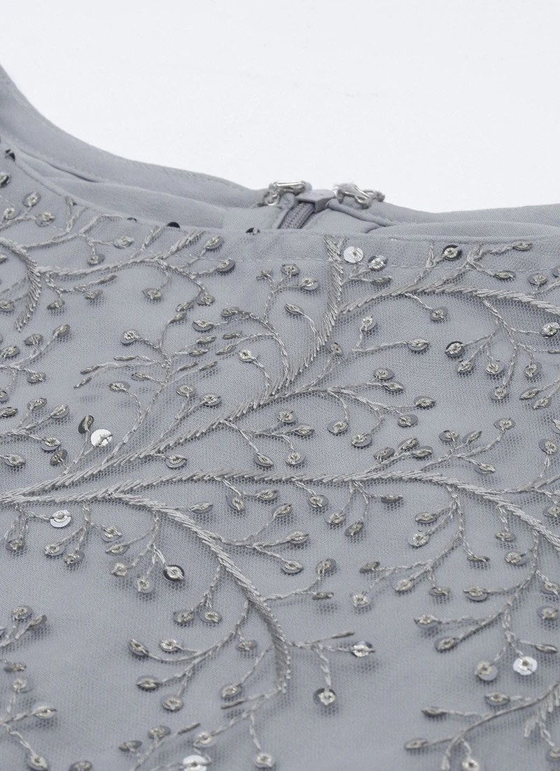 Grey Embroidered Boat Neck Kurti Party Wear 7 Grey Embroidered Boat Neck Kurti Party Wear - Image 7