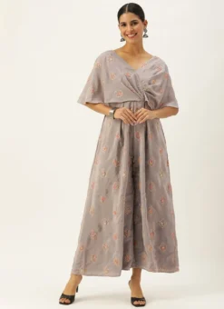 Grey Embroidered French Crepe Jumpsuit Festive Wear -Mahra Clothing Shop Grey Embroidered French Crepe Jumpsuit DRBS02302300 u