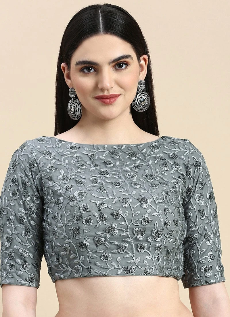 Grey Embroidered Net Blouse With Keyhole Festive Wear 3 Grey Embroidered Net Blouse With Keyhole Festive Wear - Image 3