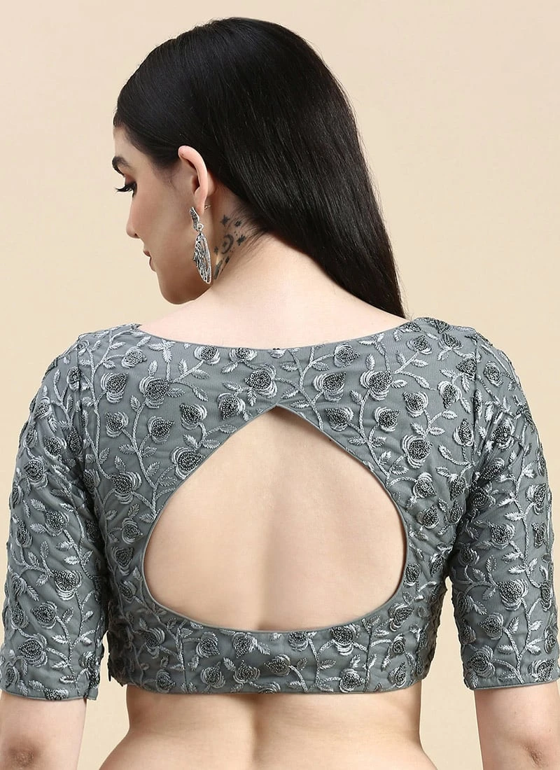 Grey Embroidered Net Blouse With Keyhole Festive Wear 6 Grey Embroidered Net Blouse With Keyhole Festive Wear - Image 6