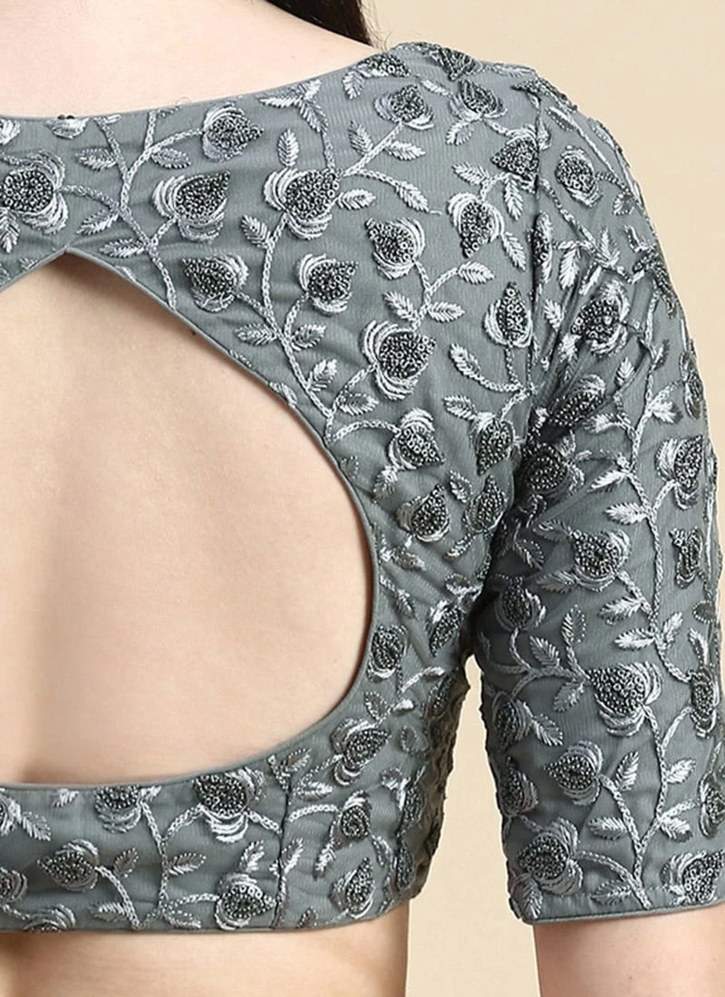 Grey Embroidered Net Blouse With Keyhole Festive Wear 8 Grey Embroidered Net Blouse With Keyhole Festive Wear - Image 8