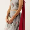 Teen Girls Grey Floral Organza Crop Top N Skirt Set Party Wear