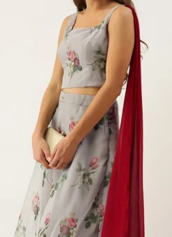Teen Girls Grey Floral Organza Crop Top N Skirt Set Party Wear