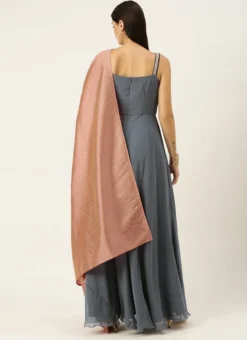 Teen Girls Grey Georgette Cowl Style Anarkali Suit Party Wear -Mahra Clothing Shop Grey Georgette Cowl Style Anarkali Suit SLBS02109748 b