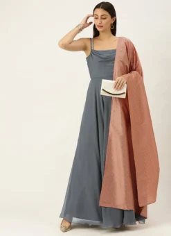 Teen Girls Grey Georgette Cowl Style Anarkali Suit Party Wear -Mahra Clothing Shop Grey Georgette Cowl Style Anarkali Suit SLBS02109748 u