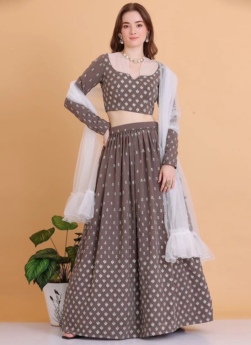 Grey Georgette Embroidered Lehenga Set Festive Wear 3 Grey Georgette Embroidered Lehenga Set Festive Wear - Image 3