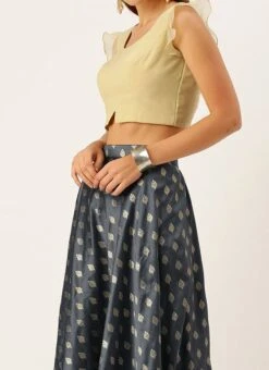 Teen Girls Grey N Beige Ruffled Arm Lehenga Set Festive Wear