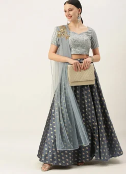 Grey Embroidered Floor Length Lehenga Set Wedding Wear -Mahra Clothing Shop Grey N Green Embroidered Floor Length Lehenga Set GHBS02108631 u