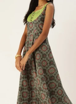 Teen Girls Grey N Green Printed Sweetheart Neck Anarkali Suit Festive Wear