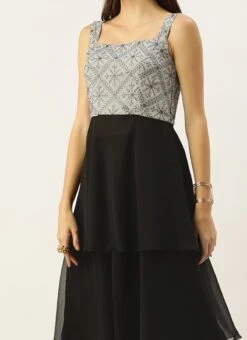 Teen Girls Grey N Black Layered Palazzo Suit Festive Wear