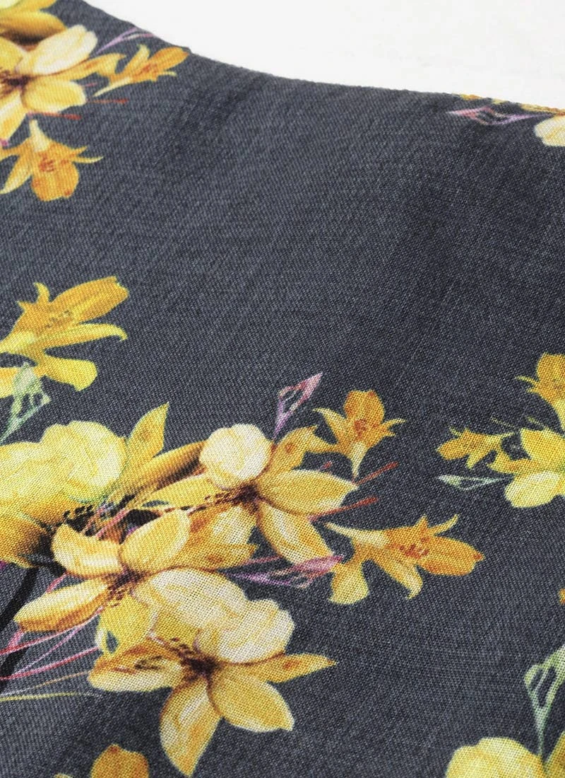 Grey N Yellow Printed Rayon Boat Neck Kurta Set After Six Wear 5 Grey N Yellow Printed Rayon Boat Neck Kurta Set After Six Wear - Image 5