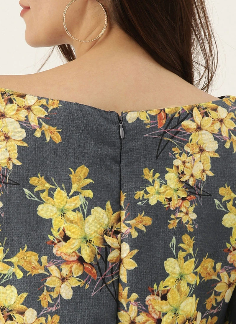 Grey N Yellow Printed Rayon Boat Neck Kurta Set After Six Wear 7 Grey N Yellow Printed Rayon Boat Neck Kurta Set After Six Wear - Image 7