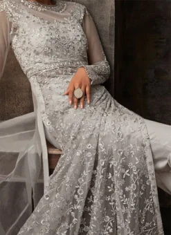 Grey Net Anarkali Abya Style Suit Wedding Wear