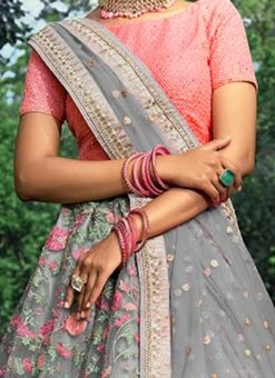 Grey Net Embroidered A Line Lehenga Wedding Wear