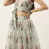 Teen Girls Grey Organza Digital Printed Crop Top N Skirt Festive Wear