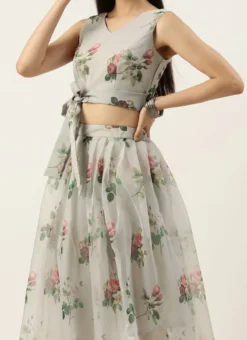 Teen Girls Grey Organza Digital Printed Crop Top N Skirt Festive Wear