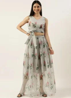 Teen Girls Grey Organza Digital Printed Crop Top N Skirt Festive Wear -Mahra Clothing Shop Grey Organza Digital Printed Crop Top N Skirt IWBS02206160 u