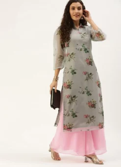 Teen Girls Grey Organza N Pink Kurta Palazzo Set After Six Wear -Mahra Clothing Shop Grey Organza N Pink Kurta Palazzo Set KSBS02107578 u