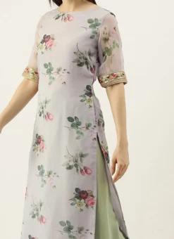 Grey Printed Organza Calf Length Top Festive Wear