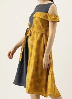 Grey Rayon N Mustard Printed Boat Neck Dress Party Wear