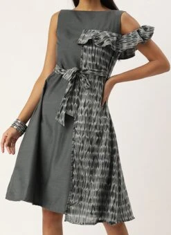 Grey Rayon Printed Boat Neck Dress After Six Wear