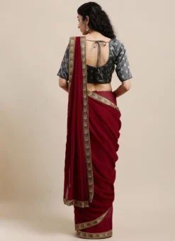 Teen Girls Grey Taffeta Jacquard Blouse N Maroon Georgette Saree Festive Wear -Mahra Clothing Shop Grey Taffeta Jacquard Blouse N Maroon Georgette Saree SABS02109753 b
