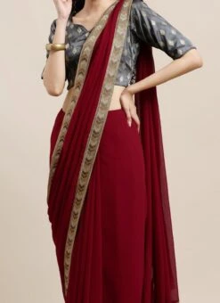 Teen Girls Grey Taffeta Jacquard Blouse N Maroon Georgette Saree Festive Wear