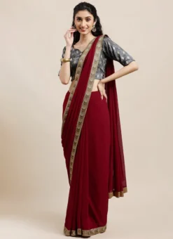 Teen Girls Grey Taffeta Jacquard Blouse N Maroon Georgette Saree Festive Wear -Mahra Clothing Shop Grey Taffeta Jacquard Blouse N Maroon Georgette Saree SABS02109753 u