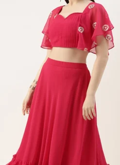 Teen Girls Hot Pink Georgette Embroidered Crop Top Skirt Set Festive Wear