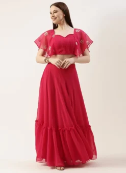 Teen Girls Hot Pink Georgette Embroidered Crop Top Skirt Set Festive Wear -Mahra Clothing Shop Hot Pink Georgette Embroidered Crop Top Skirt Set IWBS02211133 u 1