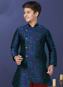Indigo Blue Jacquard Silk Indowestern Sherwani Wedding Wear -Mahra Clothing Shop Indigo Blue Jacquard Silk Indowestern Sherwani KDBSRK503 b