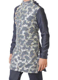 Kids Boys Blue Embroidered Net Kurta Pyjama