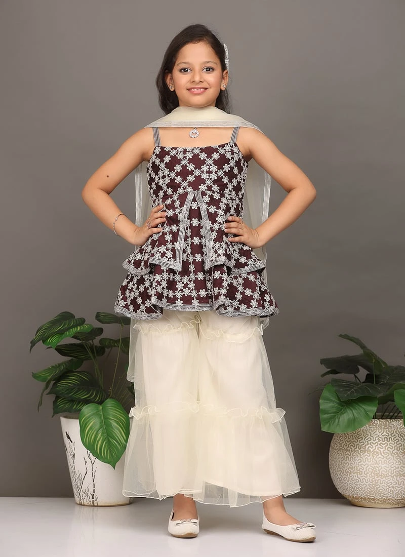 Bottom From Kids Girls Dark Wine Muslin Sequins N Off White Sharara Set After Six Wear 2 Bottom From Kids Girls Dark Wine Muslin Sequins N Off White Sharara Set After Six Wear - Image 2