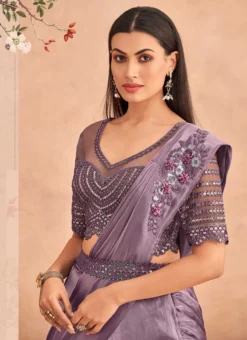 Lavender Chinon Silk Ready Pleated Saree Party Wear -Mahra Clothing Shop Lavender Chinon Silk Ready Pleated Saree SASKA36357301D b
